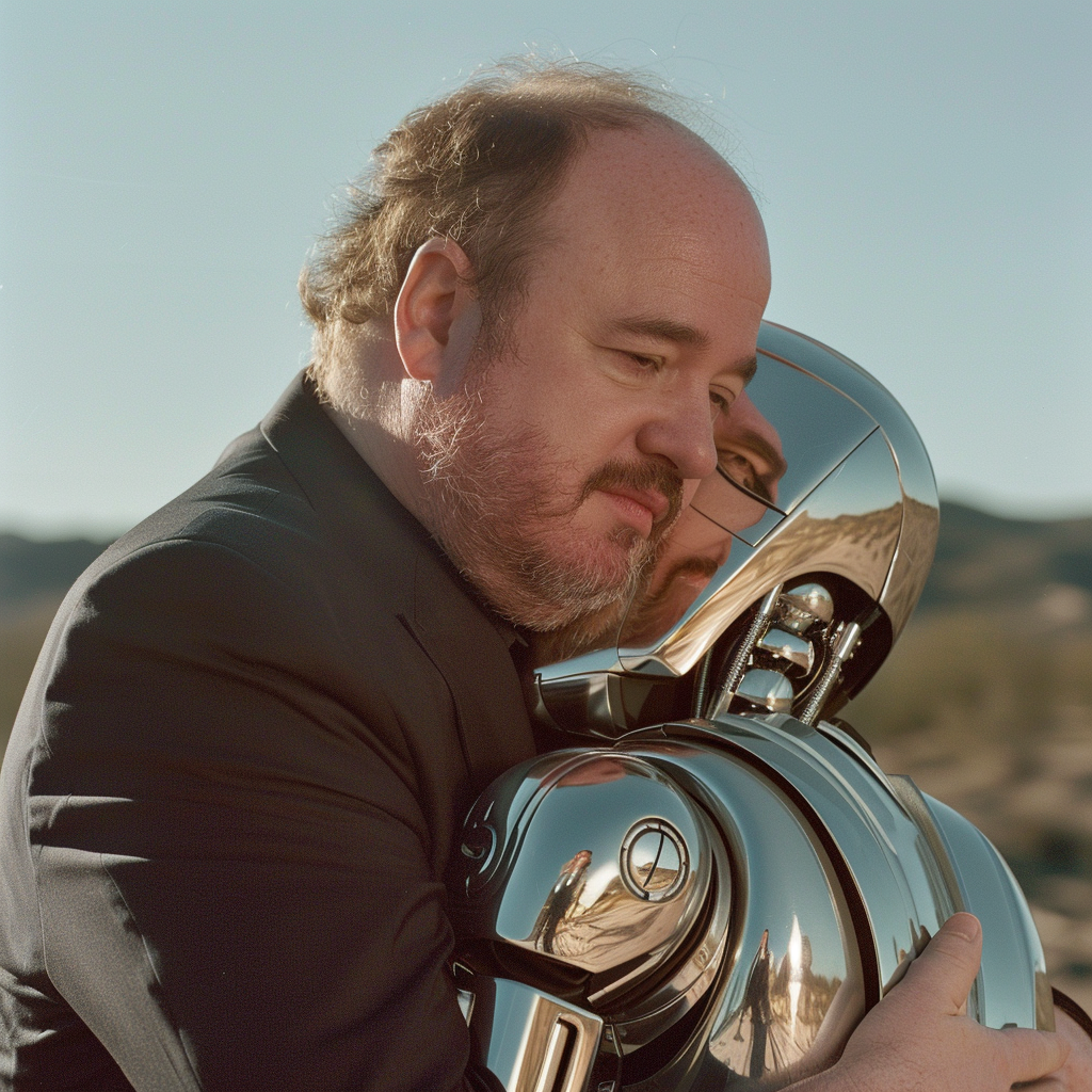 George hugging Eva, a chrome humanoid robot, in the desert. August 2047.
