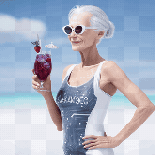 Mrs. Freeborn, silver-haired and sunglassed, sips a cocktail on a paradise beach.