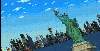 A cartoon skyline with the Statue of Liberty, in the style of Futurama.